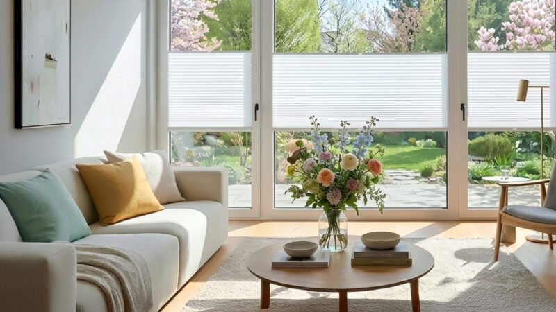 Plissees nach Maß aus der Cosi Collection von Cosiflor an großen Terrassenfenstern im Wohnzimmer, halb geschlossen für blendfreien Lichteinfall und Sichtschutz mit Blick in den Garten.